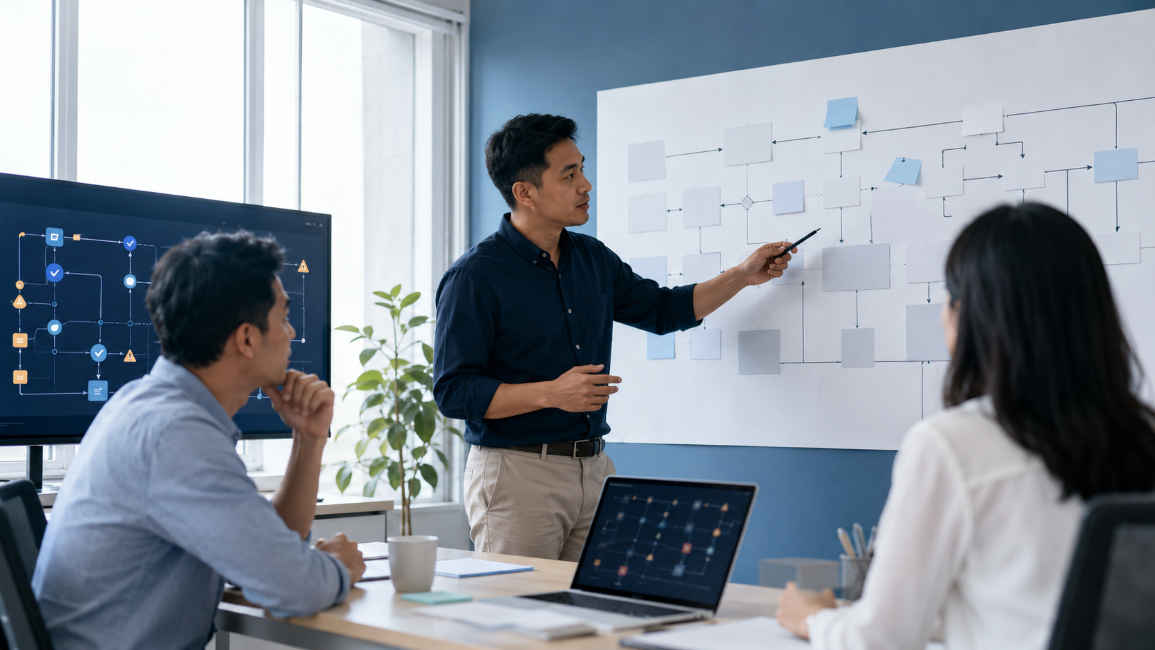 Business analyst guiding colleagues through a generic AI-assisted enterprise workflow in a bright modern office.