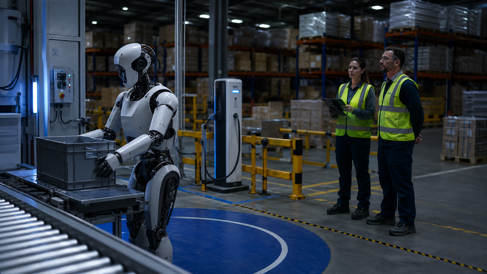 A generic humanoid robot moving a tote inside a controlled warehouse pilot area while two operators observe.