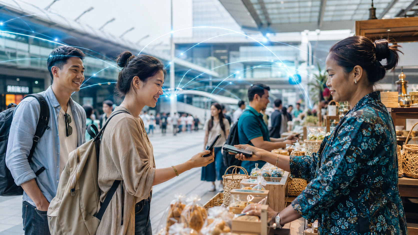 Travellers and merchants using generic mobile QR payments in a modern cross-border Asian setting.