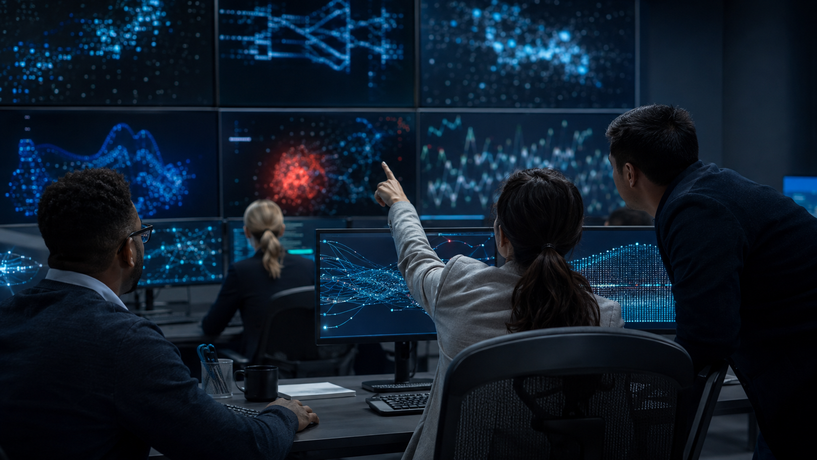 Anonymous security professionals coordinating an AI-assisted cyber defence response in a modern operations centre.