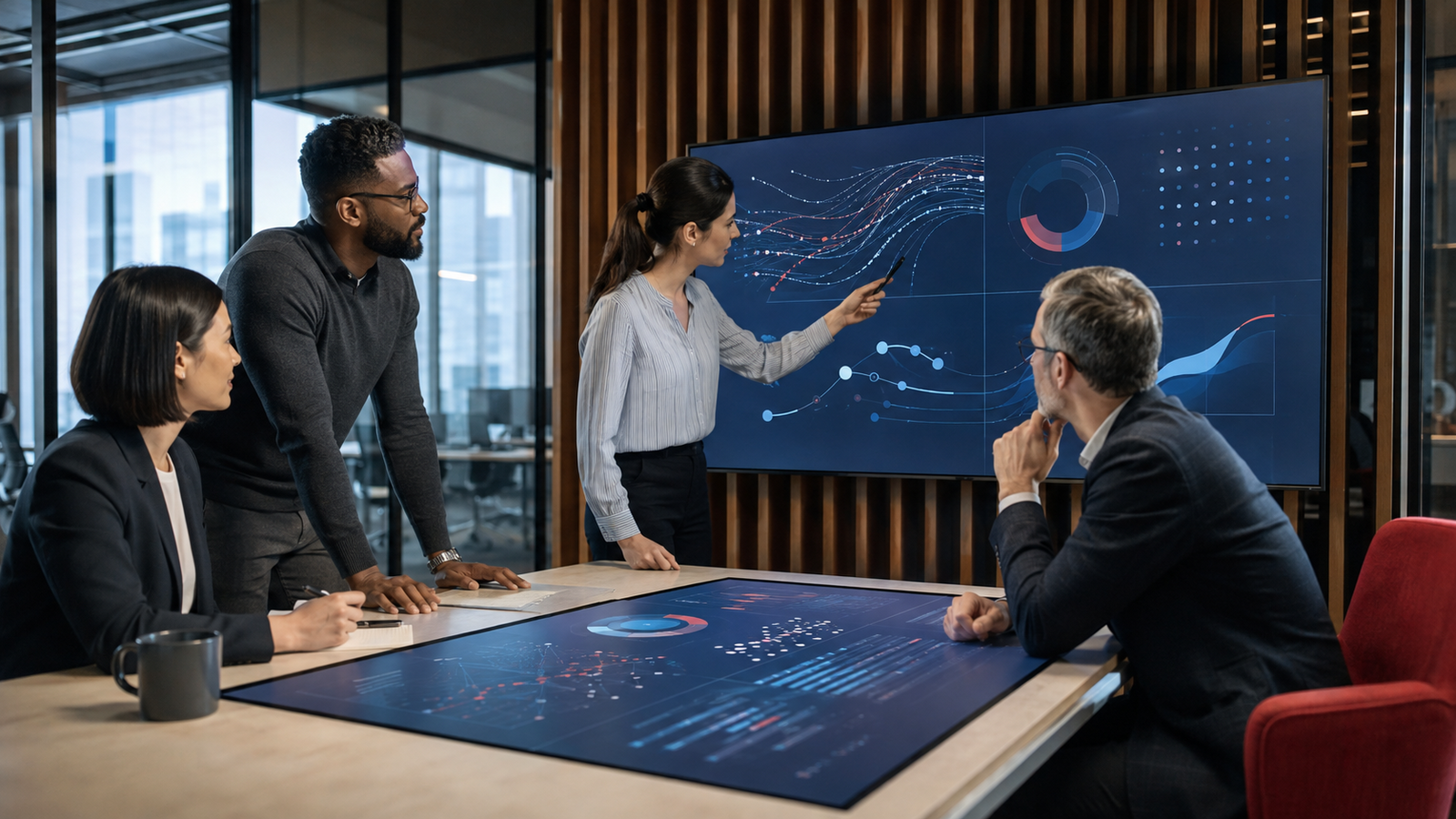Product, finance and technology professionals reviewing abstract AI usage and cost signals in a modern office.