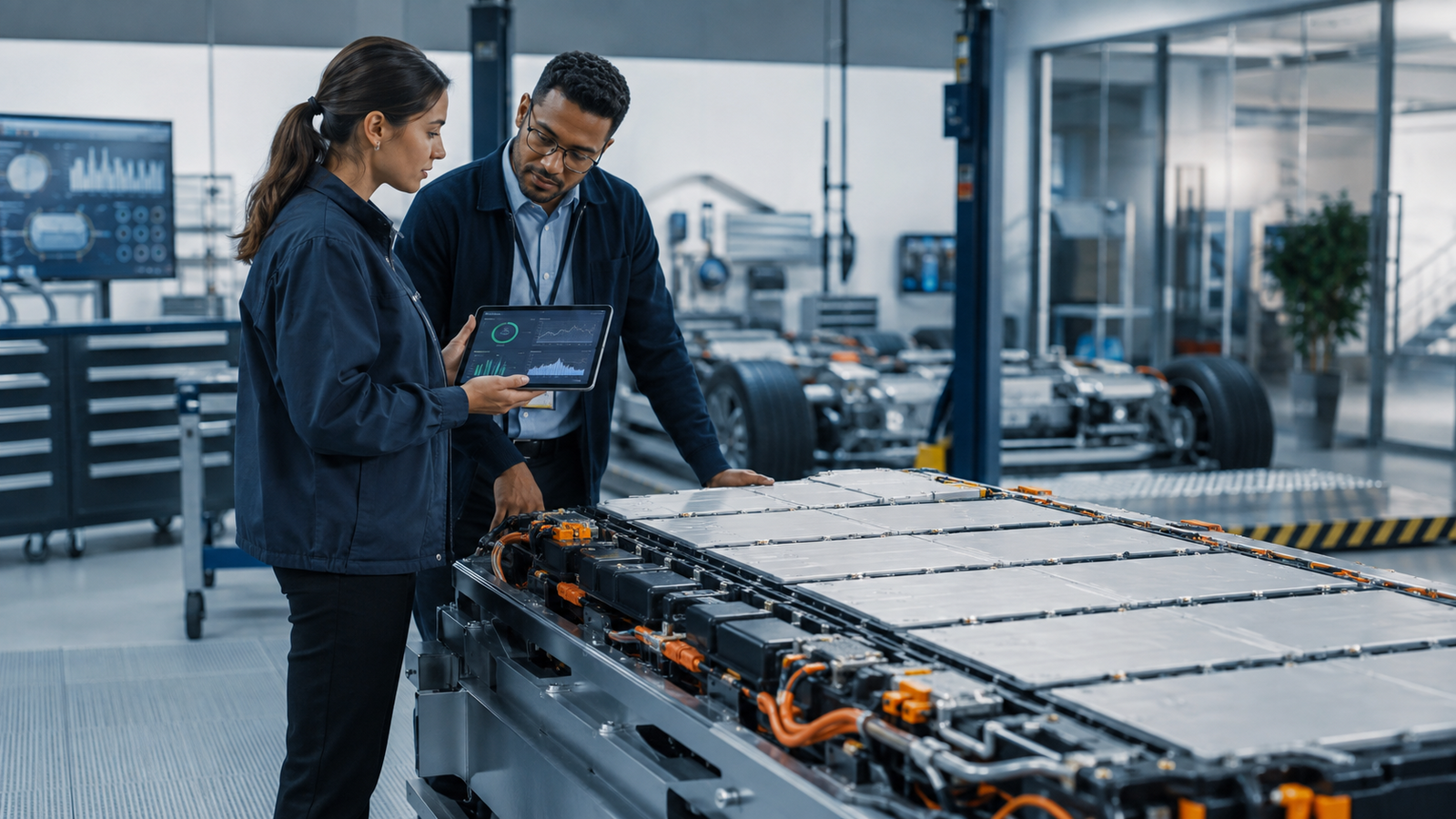 A technician and product specialist reviewing abstract health indicators for an unbranded electric-vehicle battery pack.