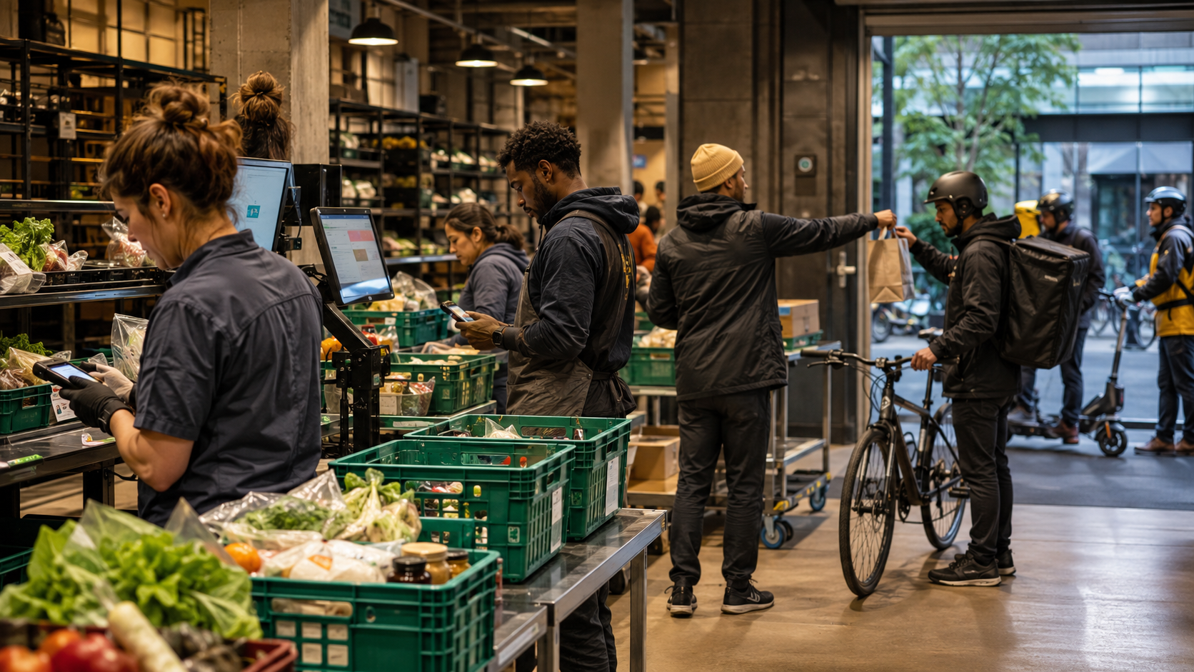 Urban retail fulfillment workers coordinating shelves, order totes and courier dispatch for rapid delivery.