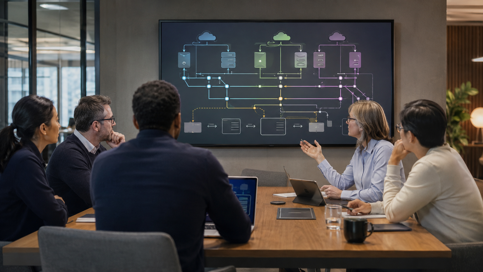 Enterprise leaders reviewing a multi-provider AI architecture and contingency plan in a modern meeting room.